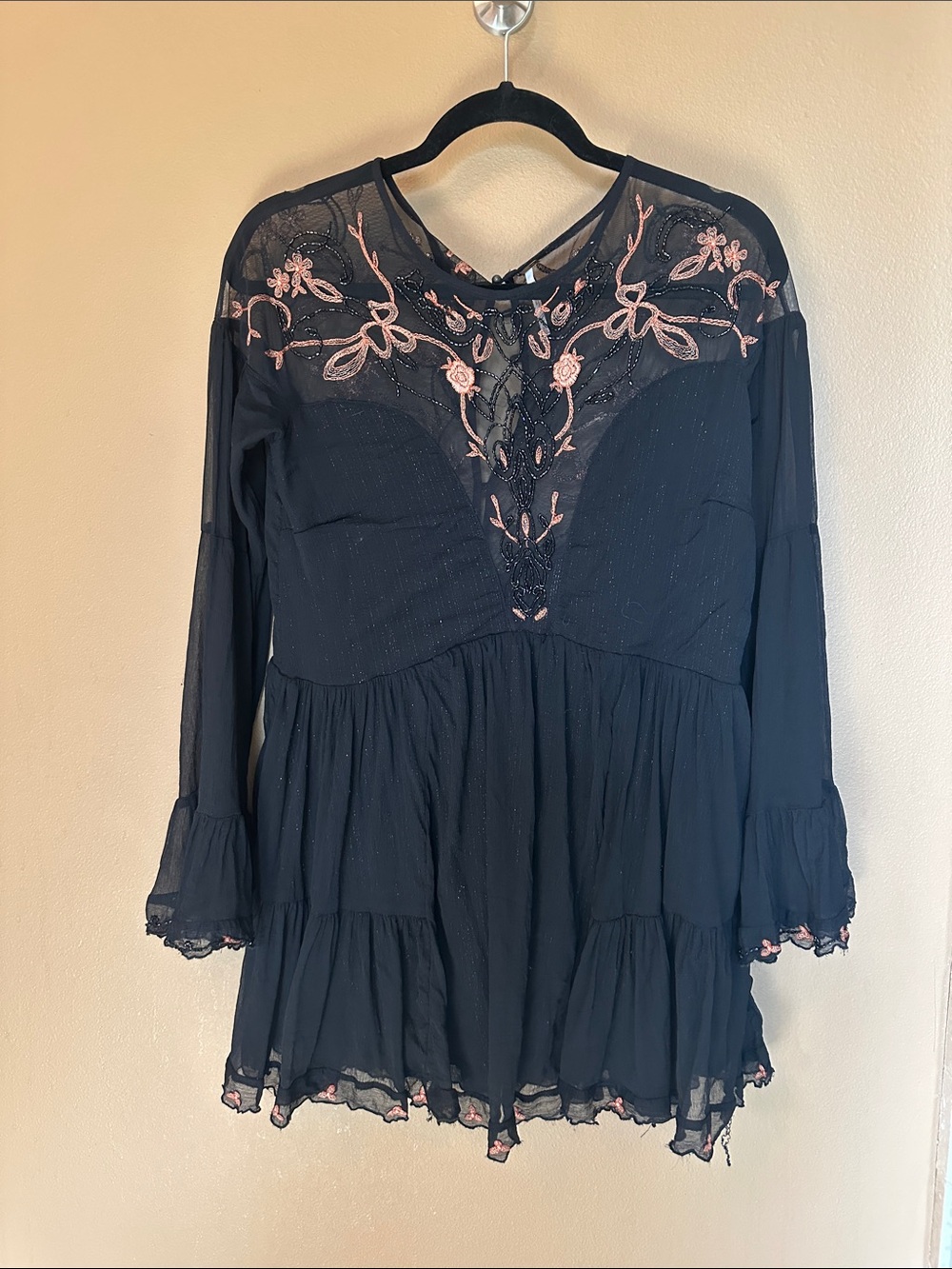Free People Black Tunic with Pink Embroidered Yoke